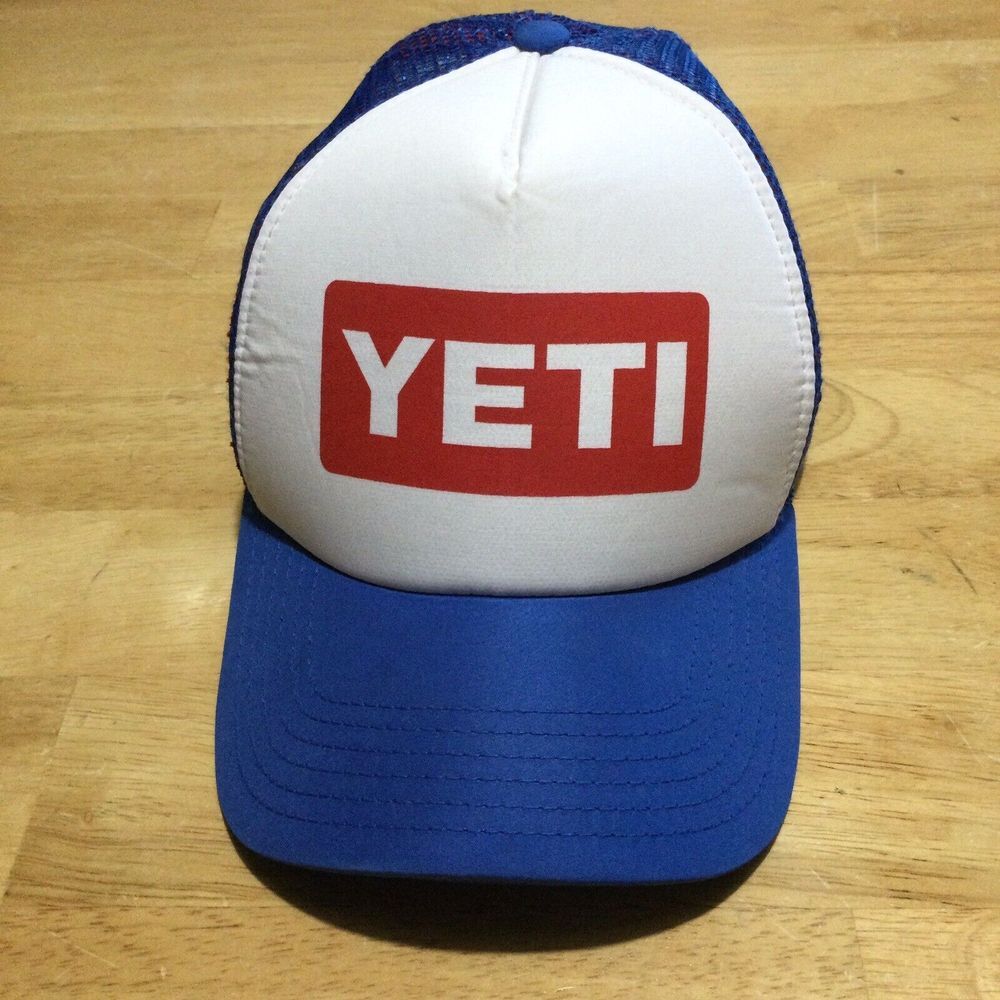 Yeti Coolers Snap Back Trucker Hat Cap Mesh Navy Blue White Embroidered
